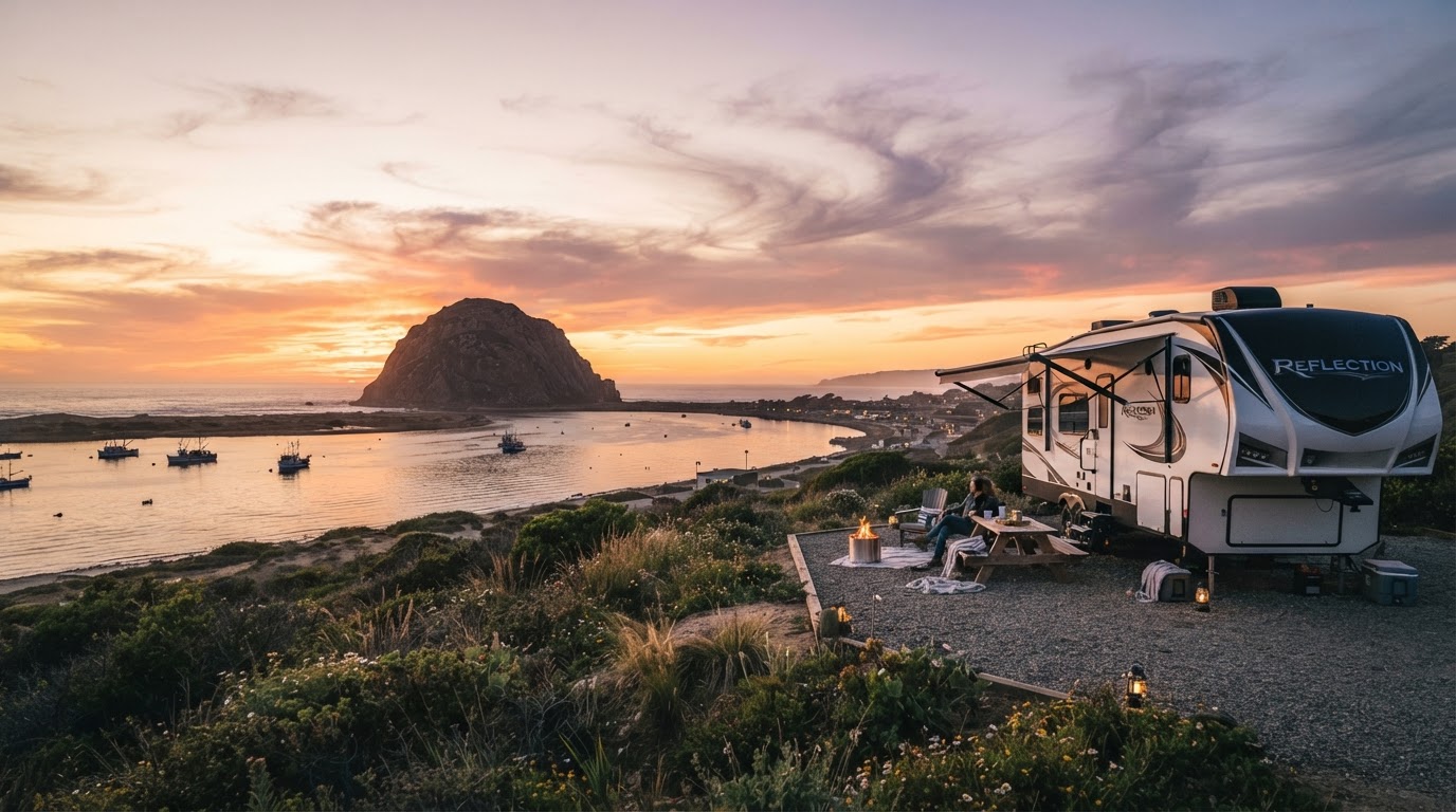 Fifth-wheel trailer set up at a coastal campsite overlooking Morro Rock at sunset